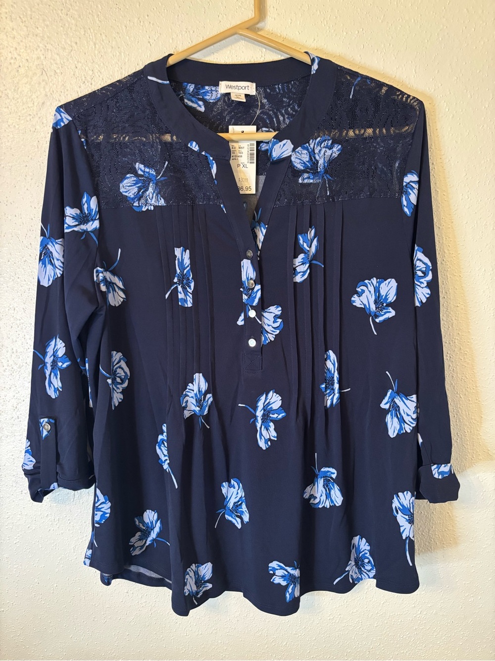 Westport Navy Blue Floral Lace Yoke Pintuck Tunic